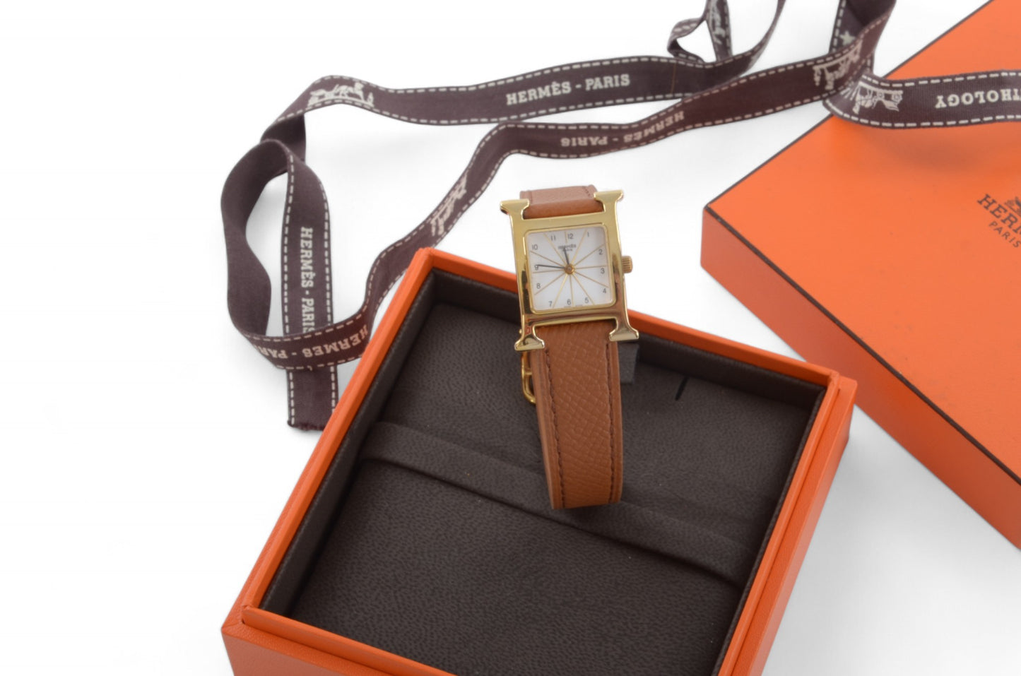 Hermès Heure H Watch HH1.201 QZ Gold Epsom Leather White Dial Women's Wristwatch Ladies Unisex