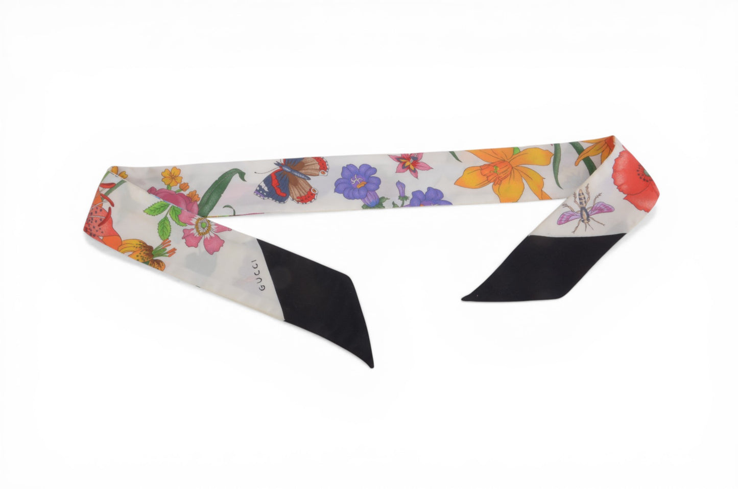 Gucci Flora Floral Pattern Band Twilly Small Scarf Silk Multicolor Designer Classic
