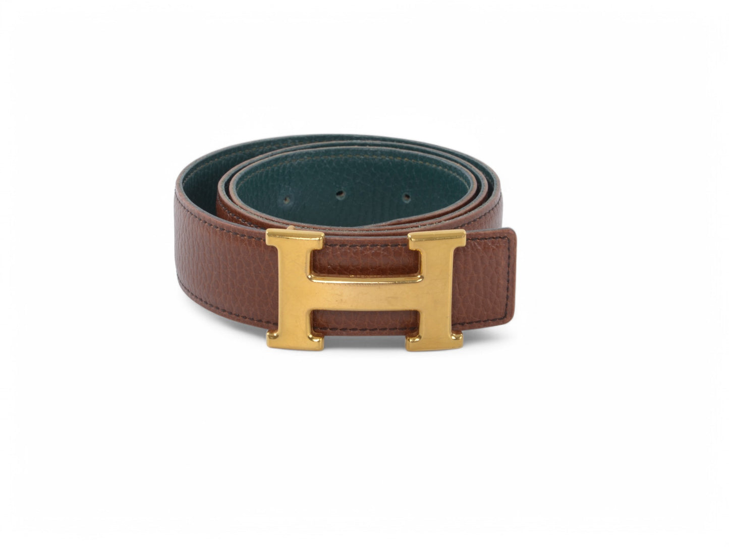 Hermès Constance H Leather Belt Brown Green Reversible Buckle Gold Belt