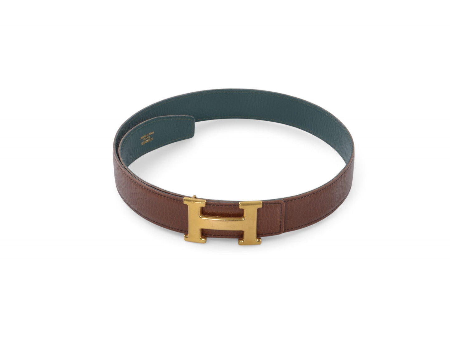Hermès Constance H Leather Belt Brown Green Reversible Buckle Gold Belt