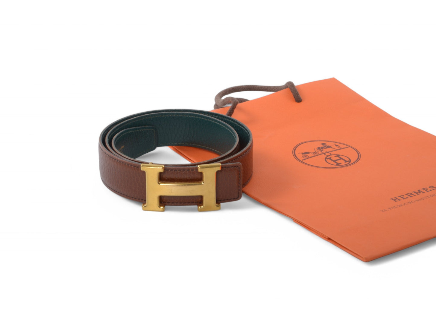Hermès Constance H Leather Belt Brown Green Reversible Buckle Gold Belt