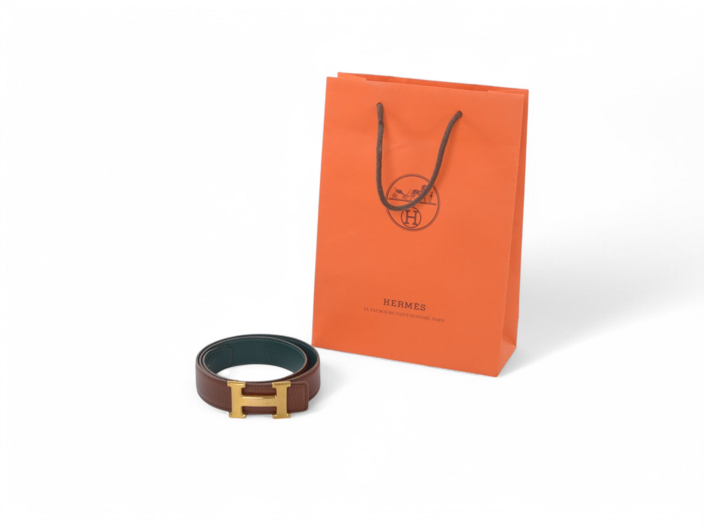 Hermès Constance H Leather Belt Brown Green Reversible Buckle Gold Belt