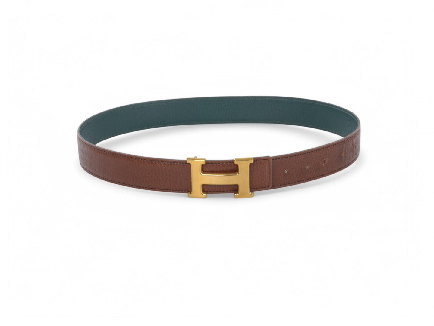 Hermès Constance H Leather Belt Brown Green Reversible Buckle Gold Belt