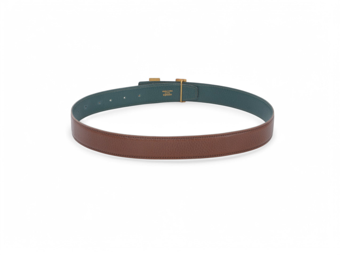 Hermès Constance H Leather Belt Brown Green Reversible Buckle Gold Belt