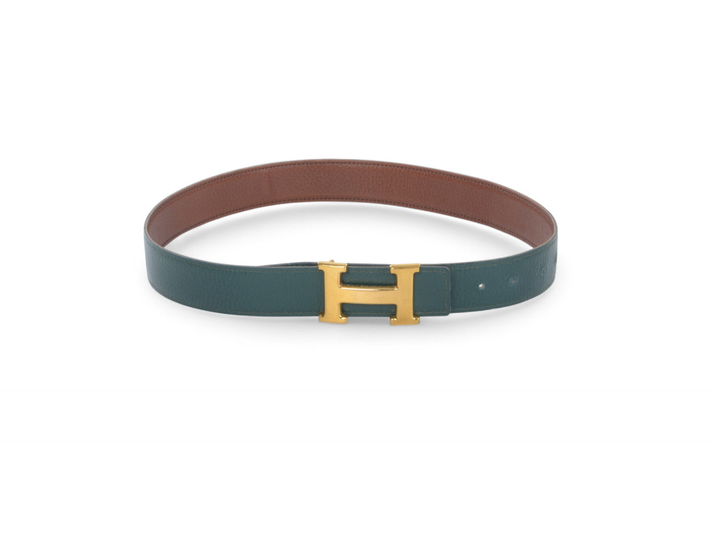 Hermès Constance H Leather Belt Brown Green Reversible Buckle Gold Belt