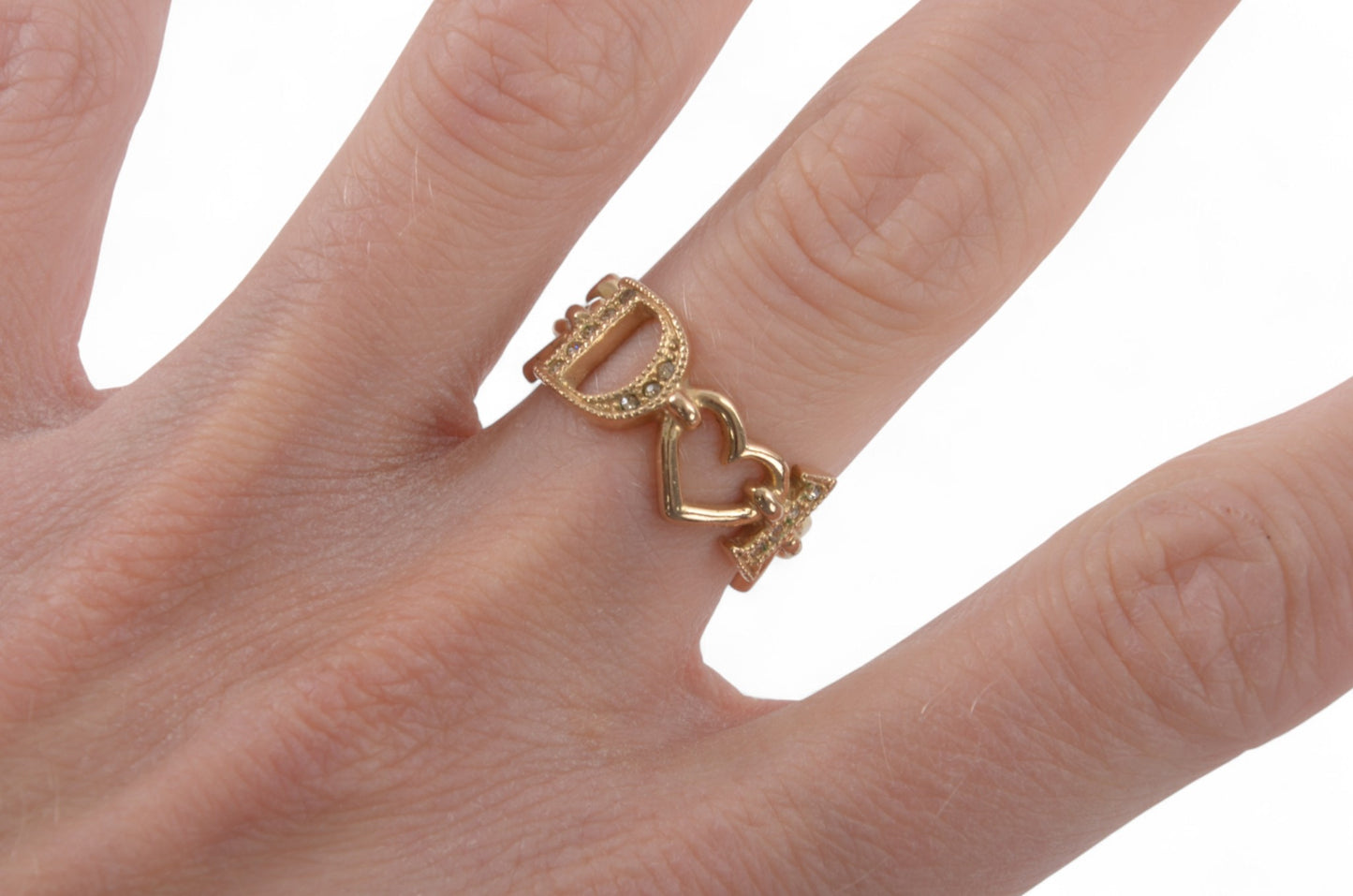 Christian Dior Crystal Signature Heart Band Ring Gold Plated Metal Rhinestone Vintage Designer Classic