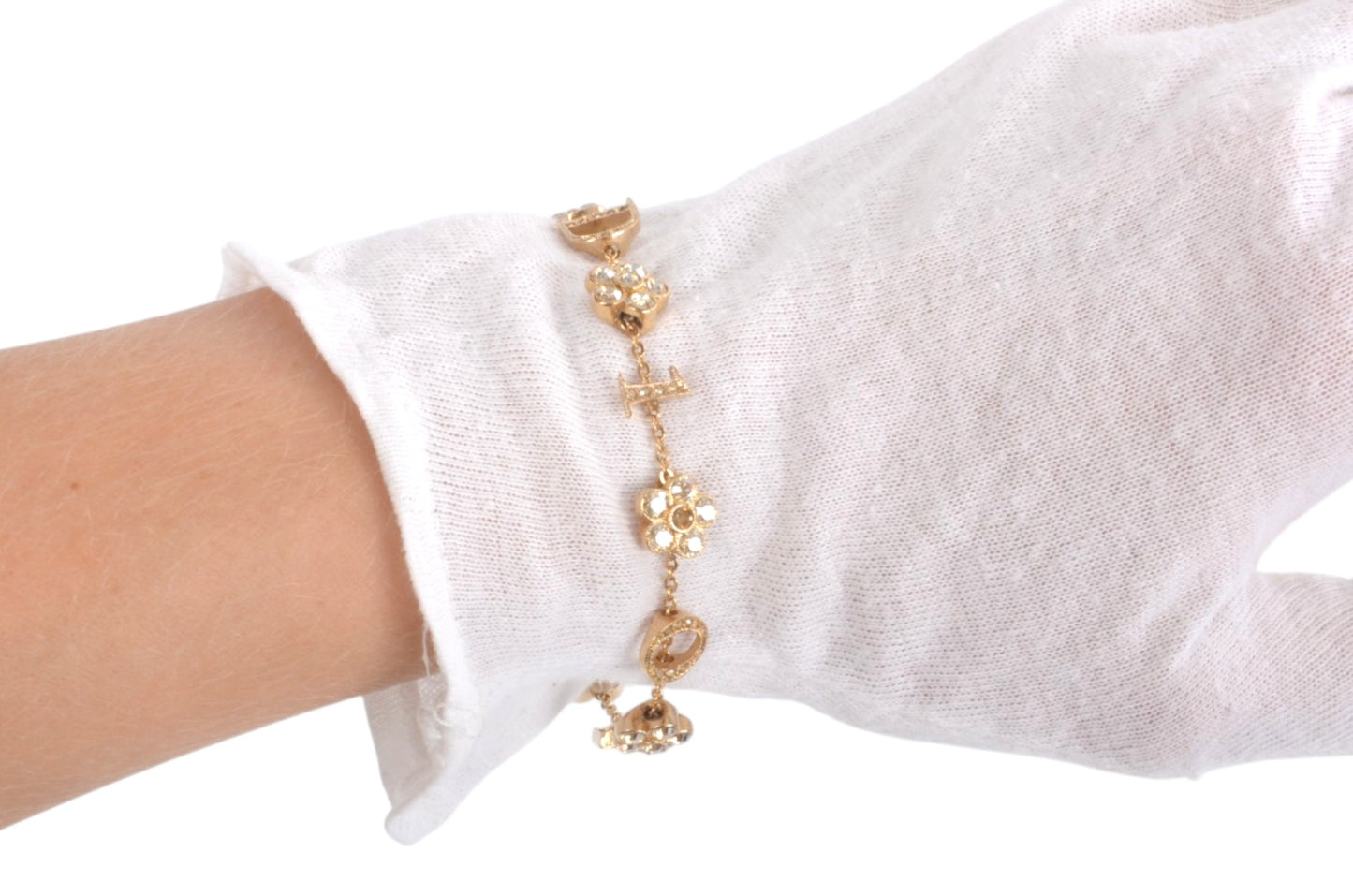Christian Dior Flower Bracelet Bijou Vintage Gold Plated Metal Logo Designer Classic