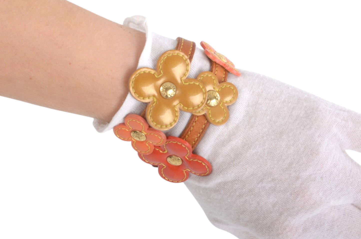 Louis Vuitton Vernis Flower Lexington Double Bracelet Leather Vintage Brown Orange Designer Classic
