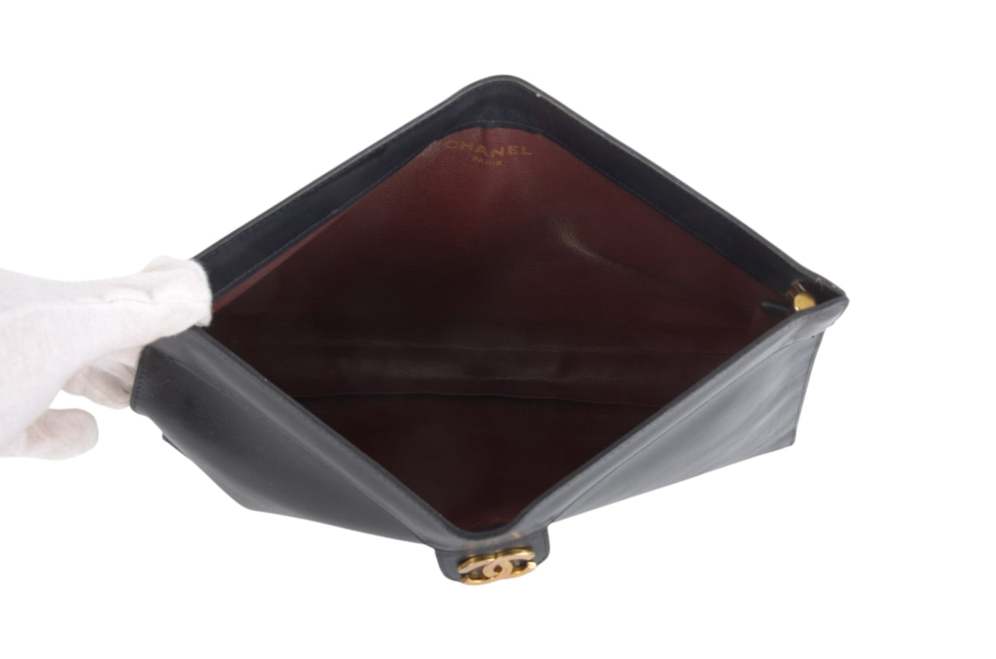 Chanel Clutch Leather Black Bag CC Logo Gold Vintage Designer Classic