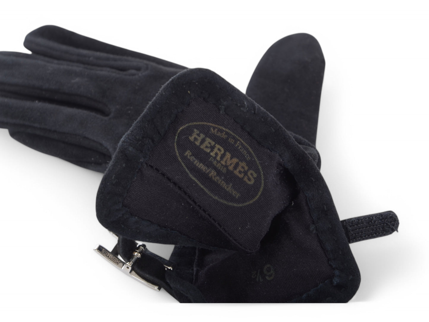 Hermès Black Suede Gloves Vintage Silver Size 6.5