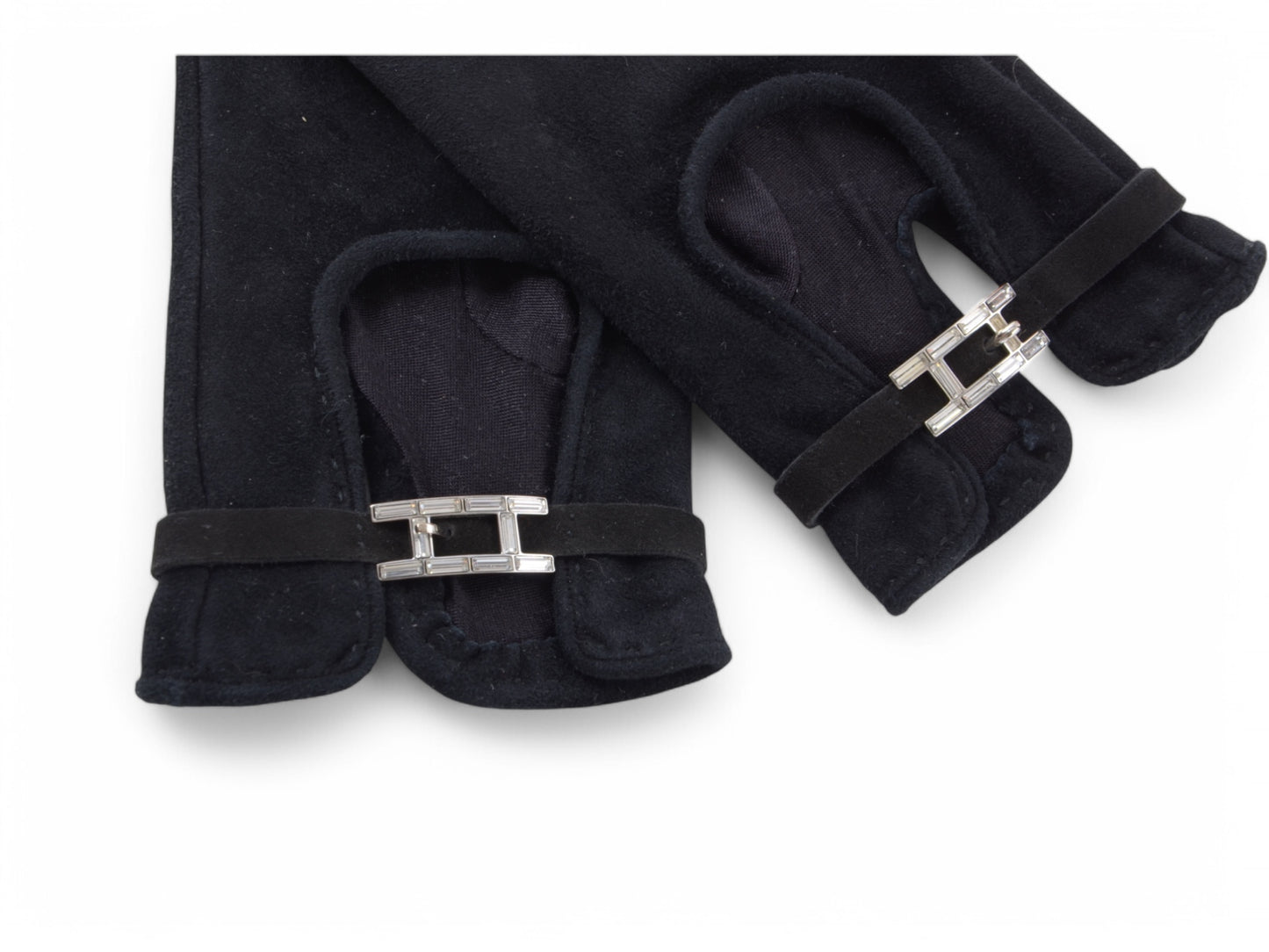 Hermès Black Suede Gloves Vintage Silver Size 6.5