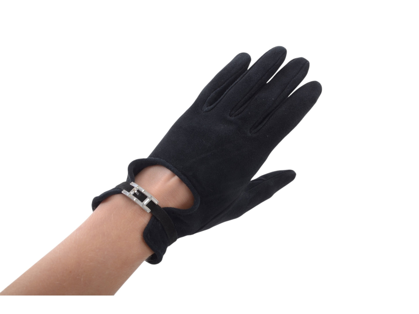 Hermès Black Suede Gloves Vintage Silver Size 6.5