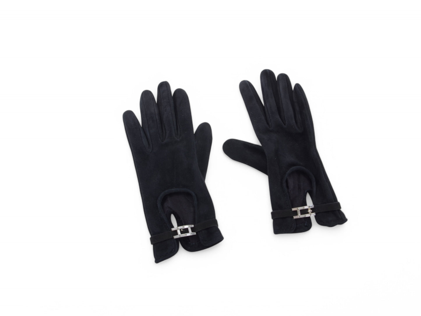 Hermès Black Suede Gloves Vintage Silver Size 6.5