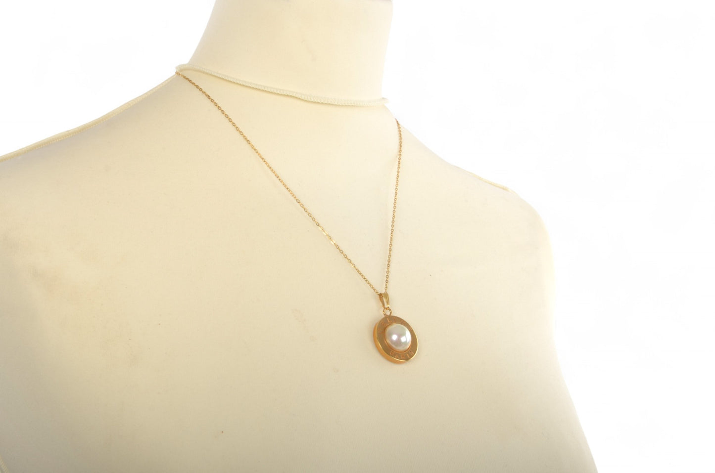 Celine Vintage Pearl Circle Logo Medallion Pendant Necklace Gold Plated Designer Classic Jewelry