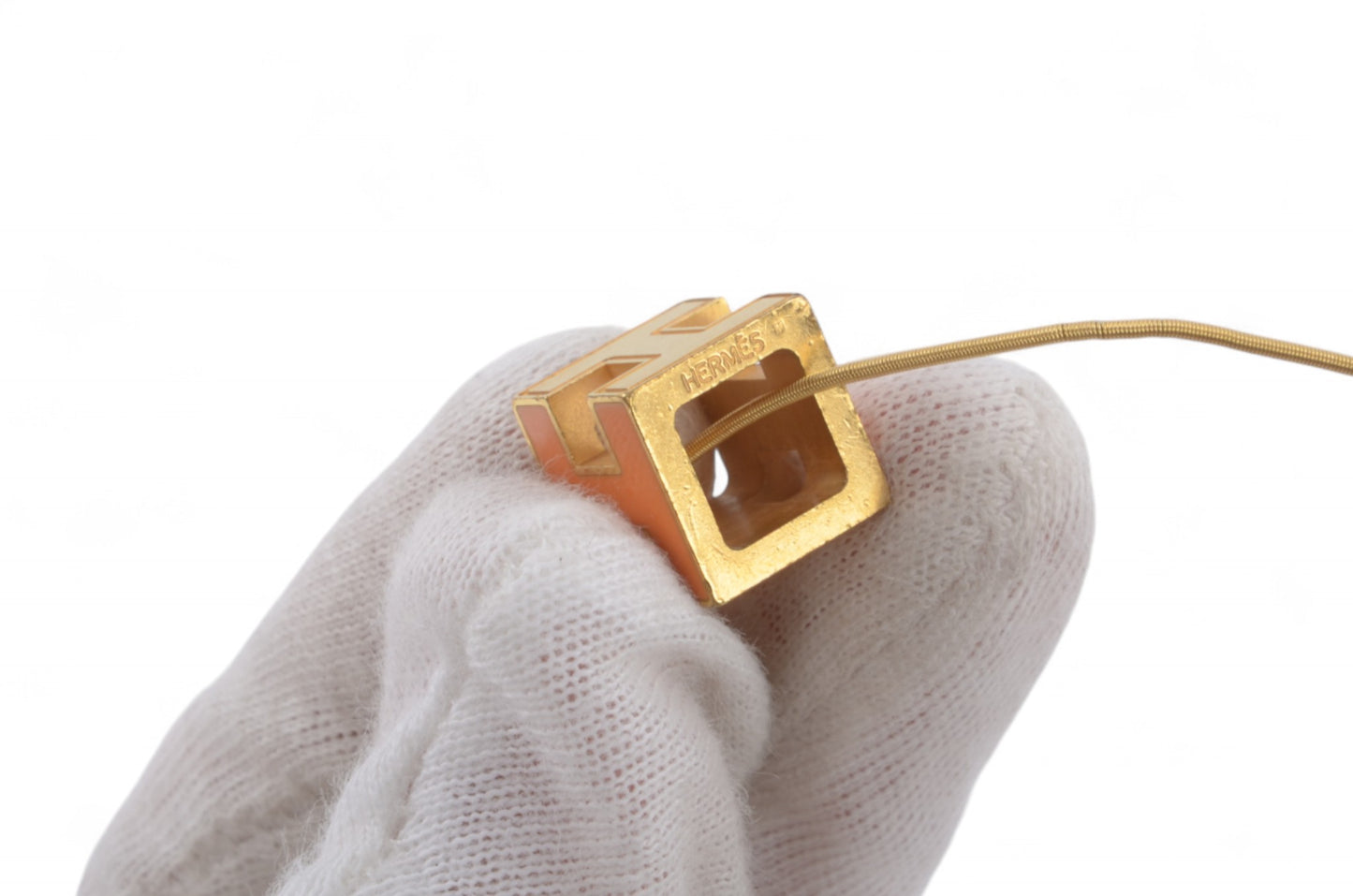 Hermès Cage d'Ache d'H Cube Necklace Pendant Steel Orange Designer Classic Authentic