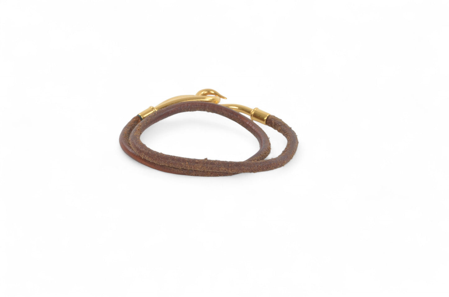 Hermès Leather Jumbo Hook Double Wrap Bracelet Vintage Brown Silver Designer Classic Authentic