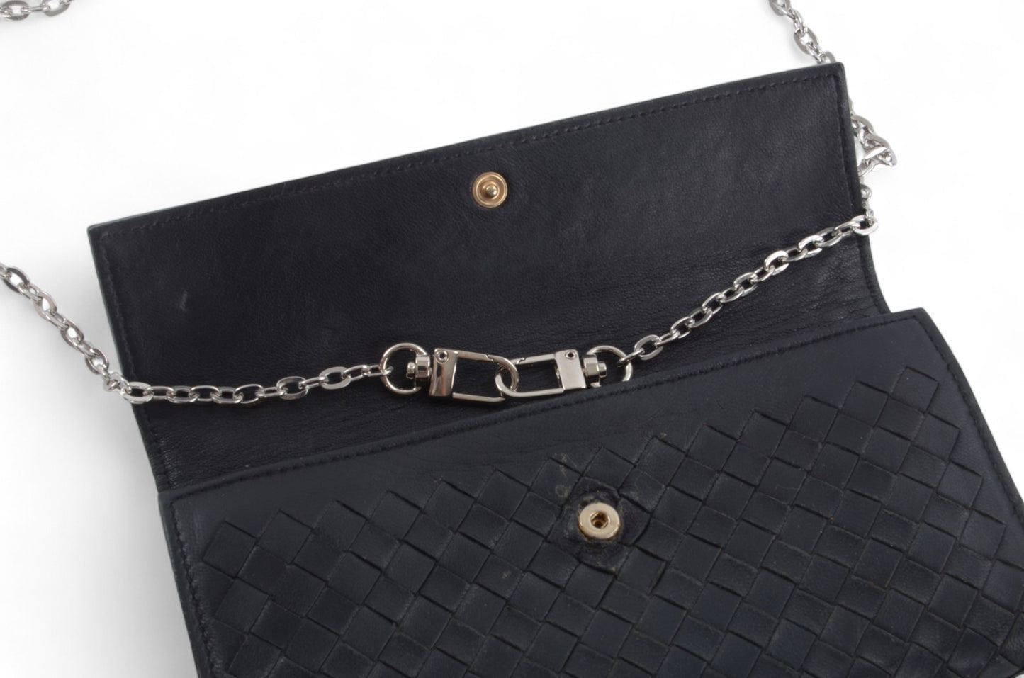 Bottega Veneta Intrecciato Leather Bifold Long Wallet Cardholder Crossbody Bag Black Designer Classic