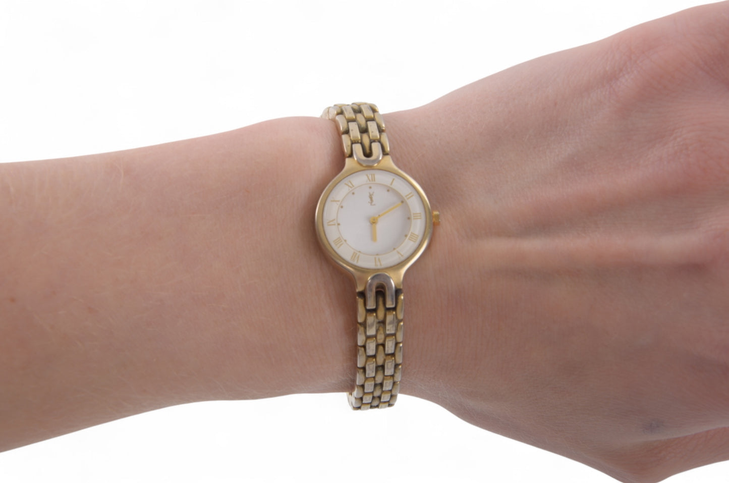 YSL Yves Saint Laurent Quartz Ivory Metal Ladies Wrist Watch Waterproof Wristwatch Vintage Gold