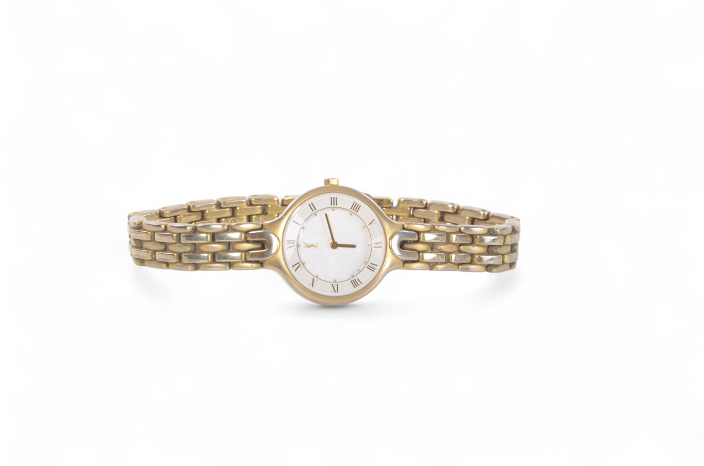 YSL Yves Saint Laurent Quartz Ivory Metal Ladies Wrist Watch Waterproof Wristwatch Vintage Gold