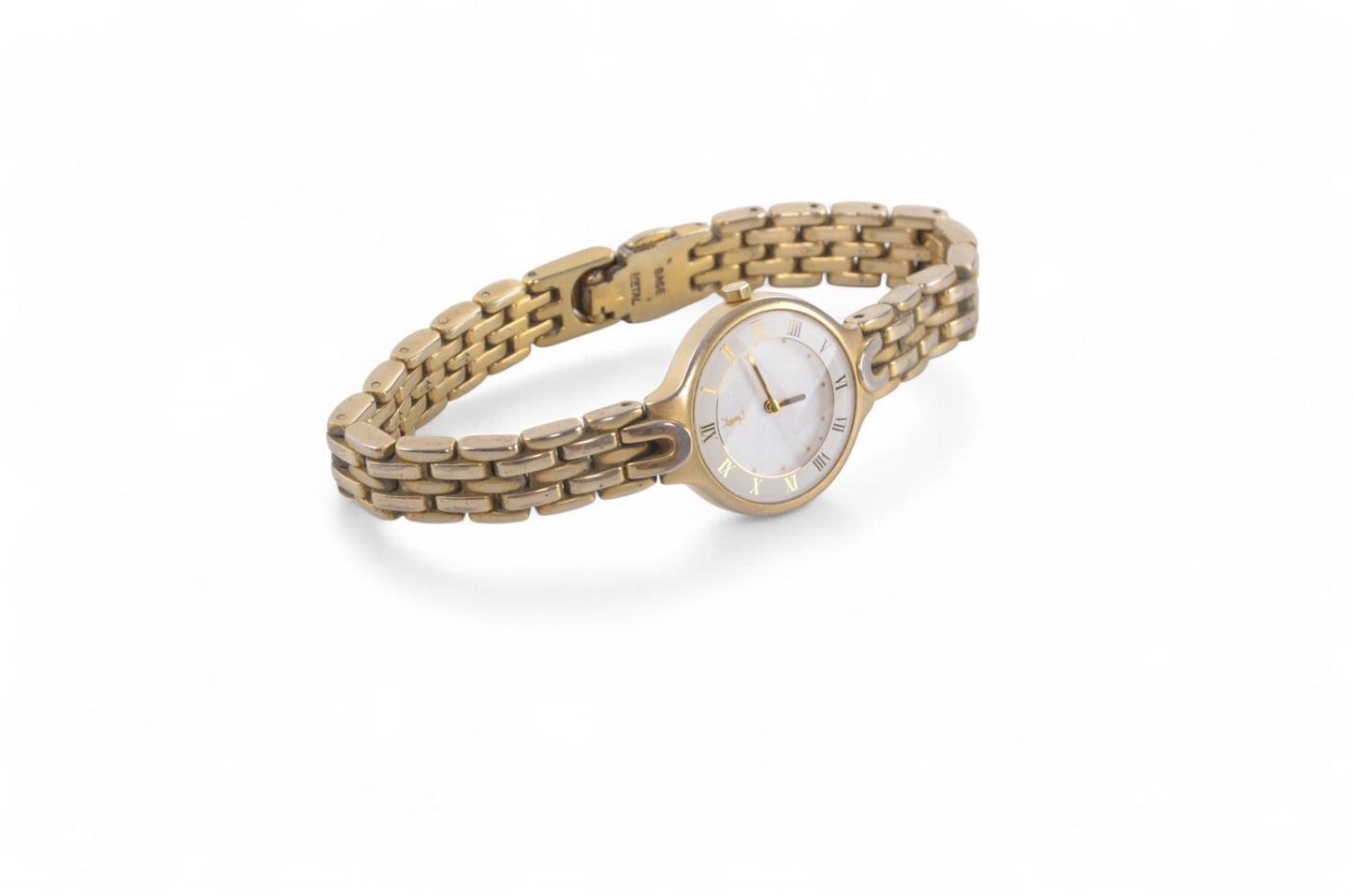 YSL Yves Saint Laurent Quartz Ivory Metal Ladies Wrist Watch Waterproof Wristwatch Vintage Gold