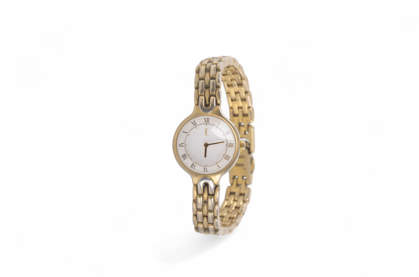 YSL Yves Saint Laurent Quartz Ivory Metal Ladies Wrist Watch Waterproof Wristwatch Vintage Gold