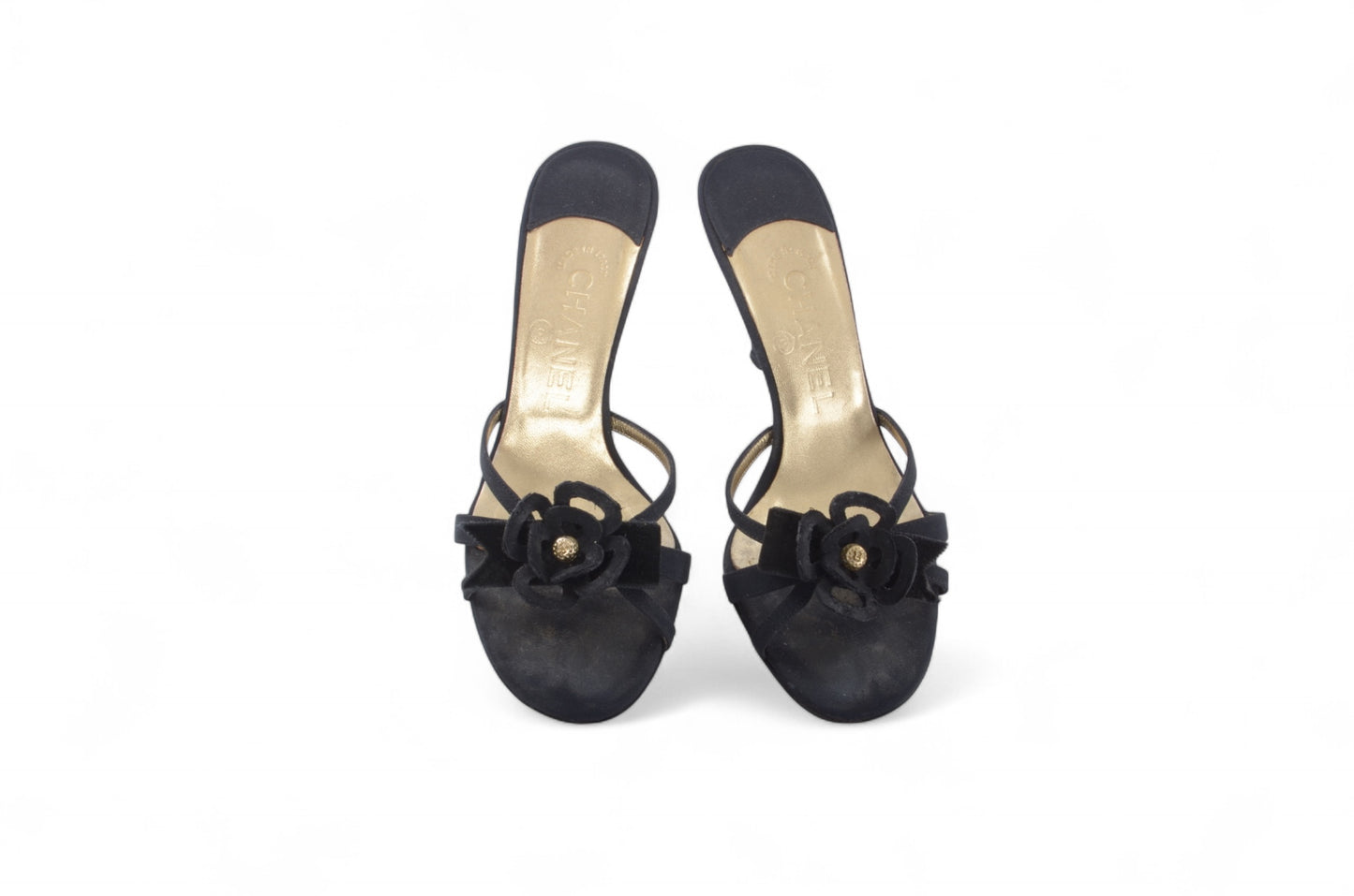 Chanel Camellia Sandals Heels Mules Interlocking CC Logo Flower Vintage Slides Size 36,5