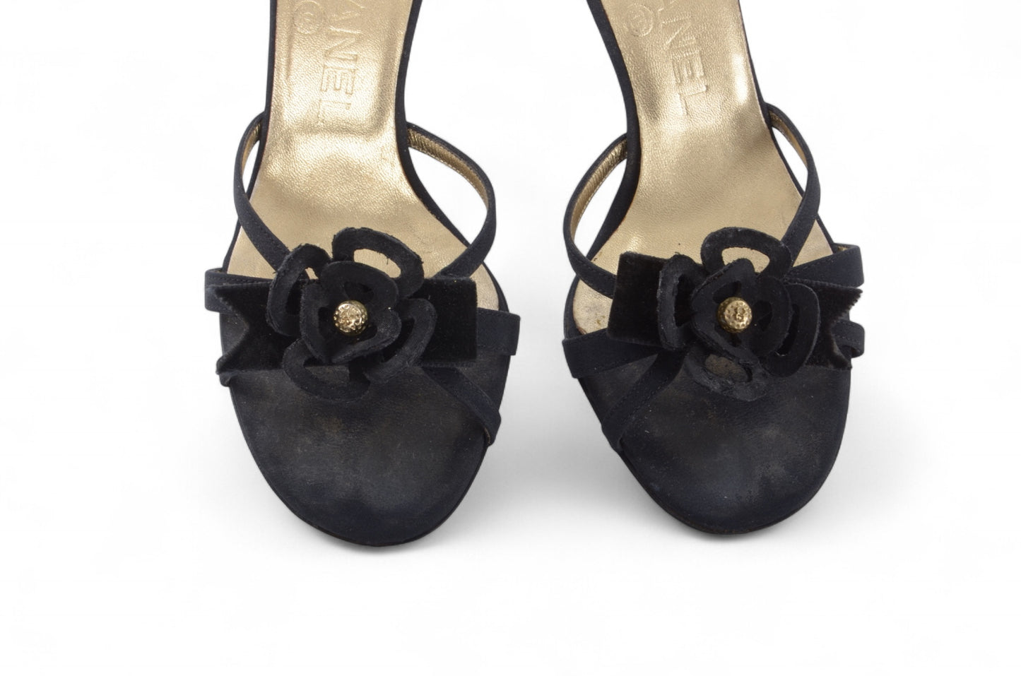 Chanel Camellia Sandals Heels Mules Interlocking CC Logo Flower Vintage Slides Size 36,5