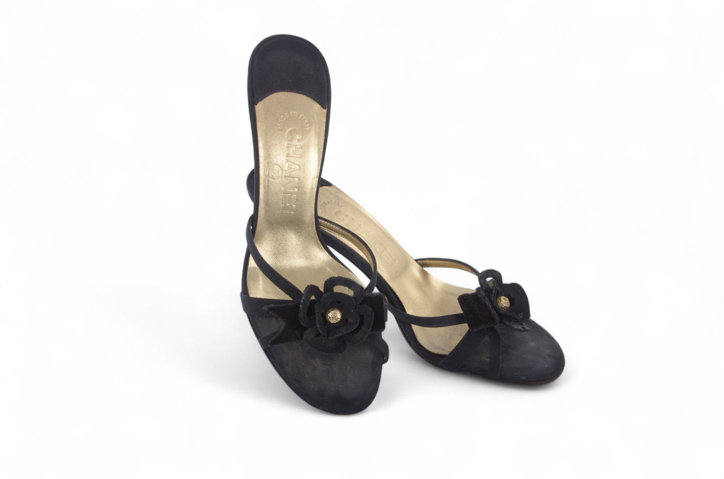Chanel Camellia Sandals Heels Mules Interlocking CC Logo Flower Vintage Slides Size 36,5