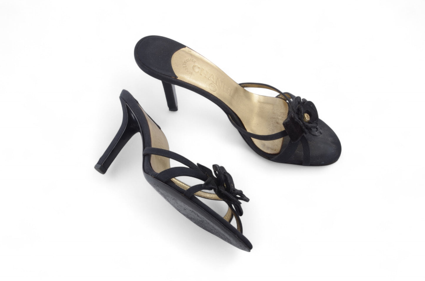 Chanel Camellia Sandals Heels Mules Interlocking CC Logo Flower Vintage Slides Size 36,5