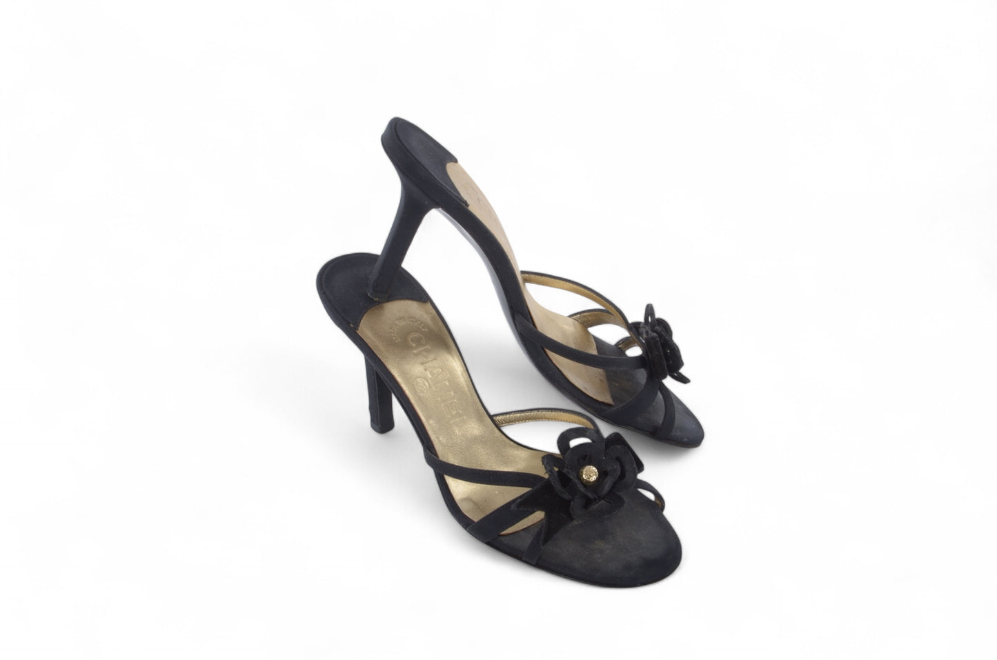 Chanel Camellia Sandals Heels Mules Interlocking CC Logo Flower Vintage Slides Size 36,5