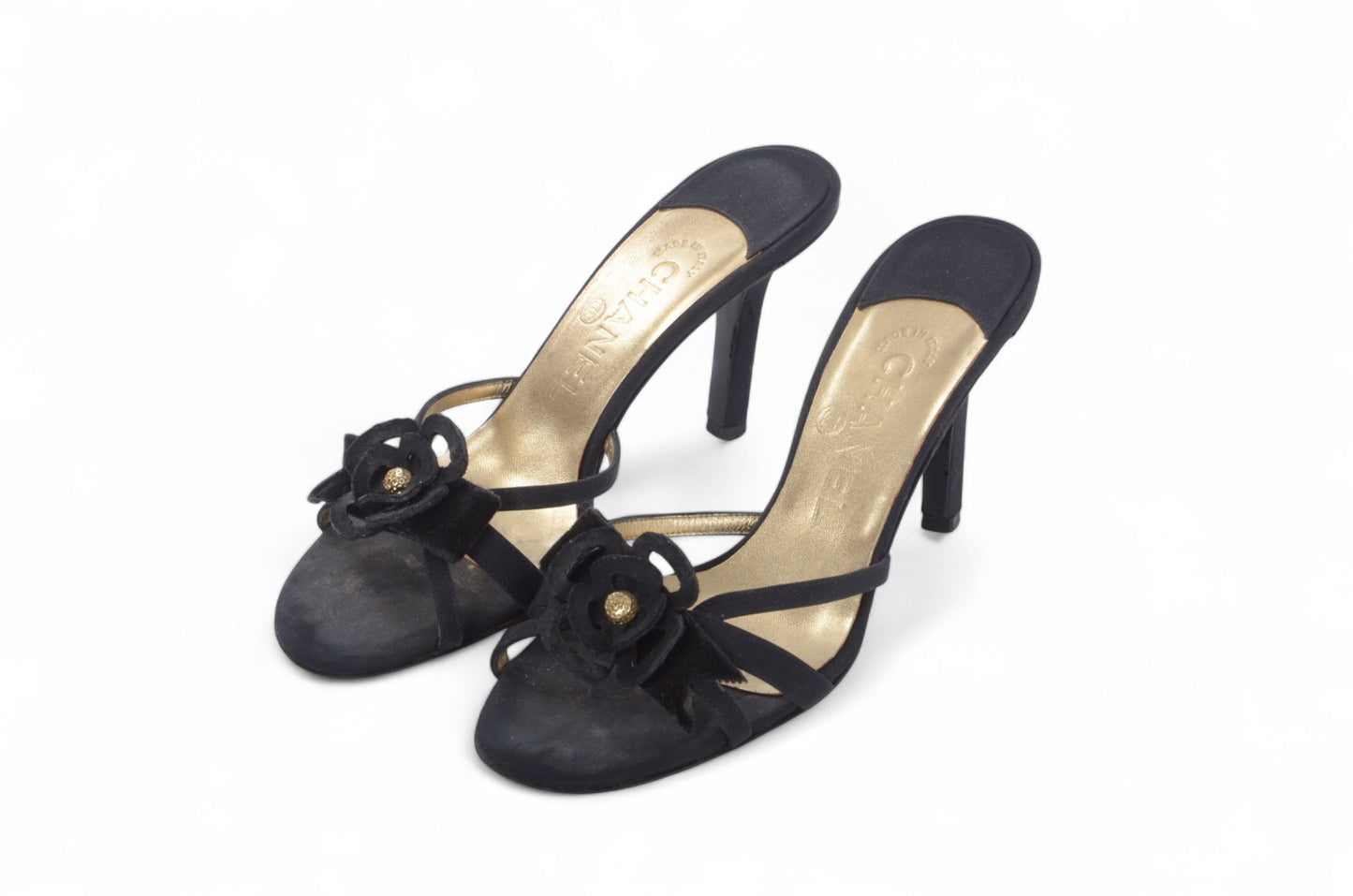Chanel Camellia Sandals Heels Mules Interlocking CC Logo Flower Vintage Slides Size 36,5