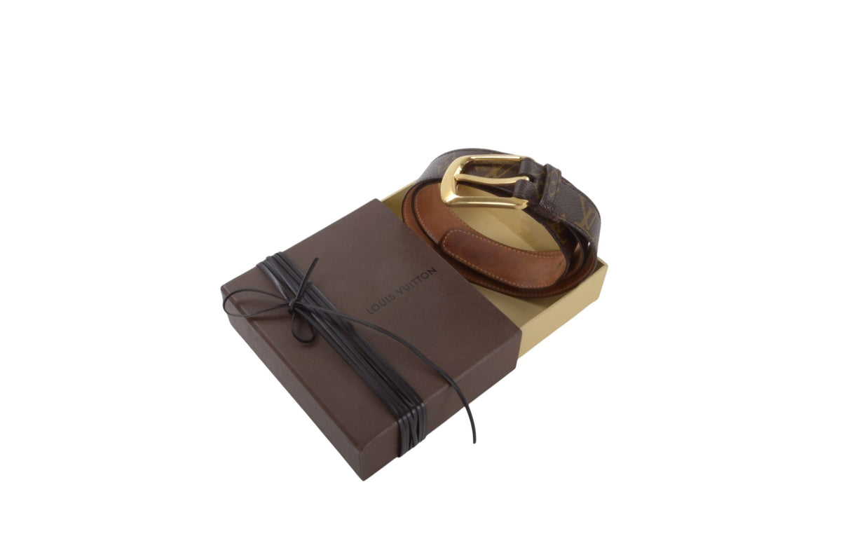 Louis Vuitton Vintage Belt Gold Buckle Monogram Canvas Leather Brown Designer Classic