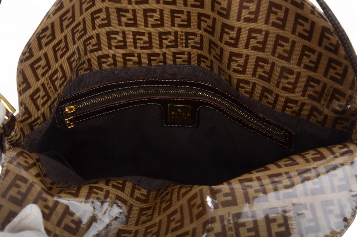 Fendi Baguette Crystal Double Flap 90s Zucca Zucchino Shoulder Bag Handbag Patent Leather Vintage Brown Designer Classic Rare Authentic