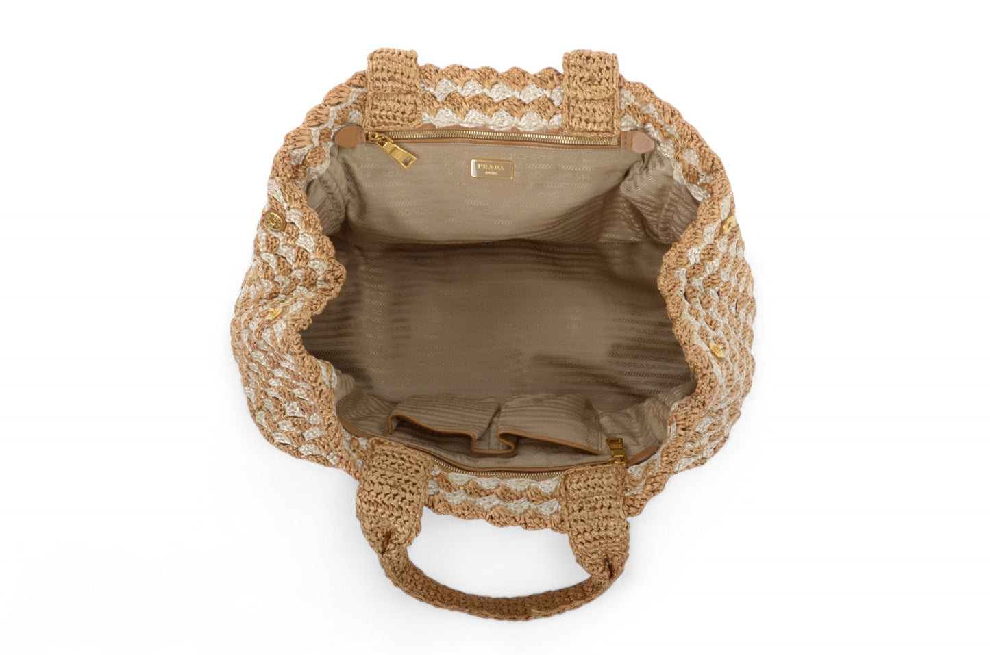 Prada Raffia Large Crochet Tote Bi-Color Handbag Beachbag Canapa Woven Summer Bag