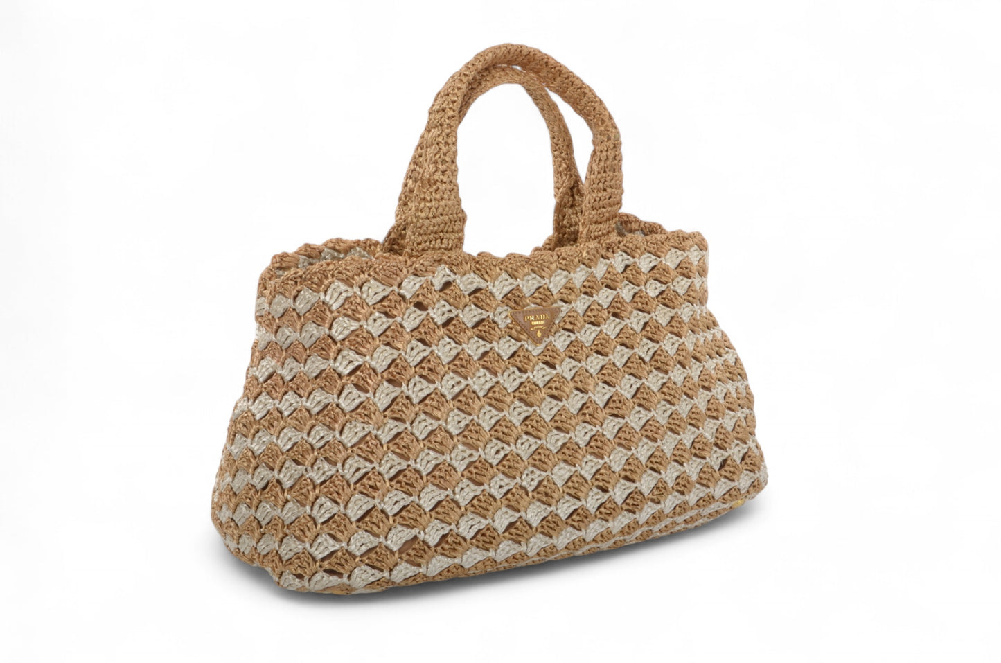 Prada Raffia Large Crochet Tote Bi-Color Handbag Beachbag Canapa Woven Summer Bag