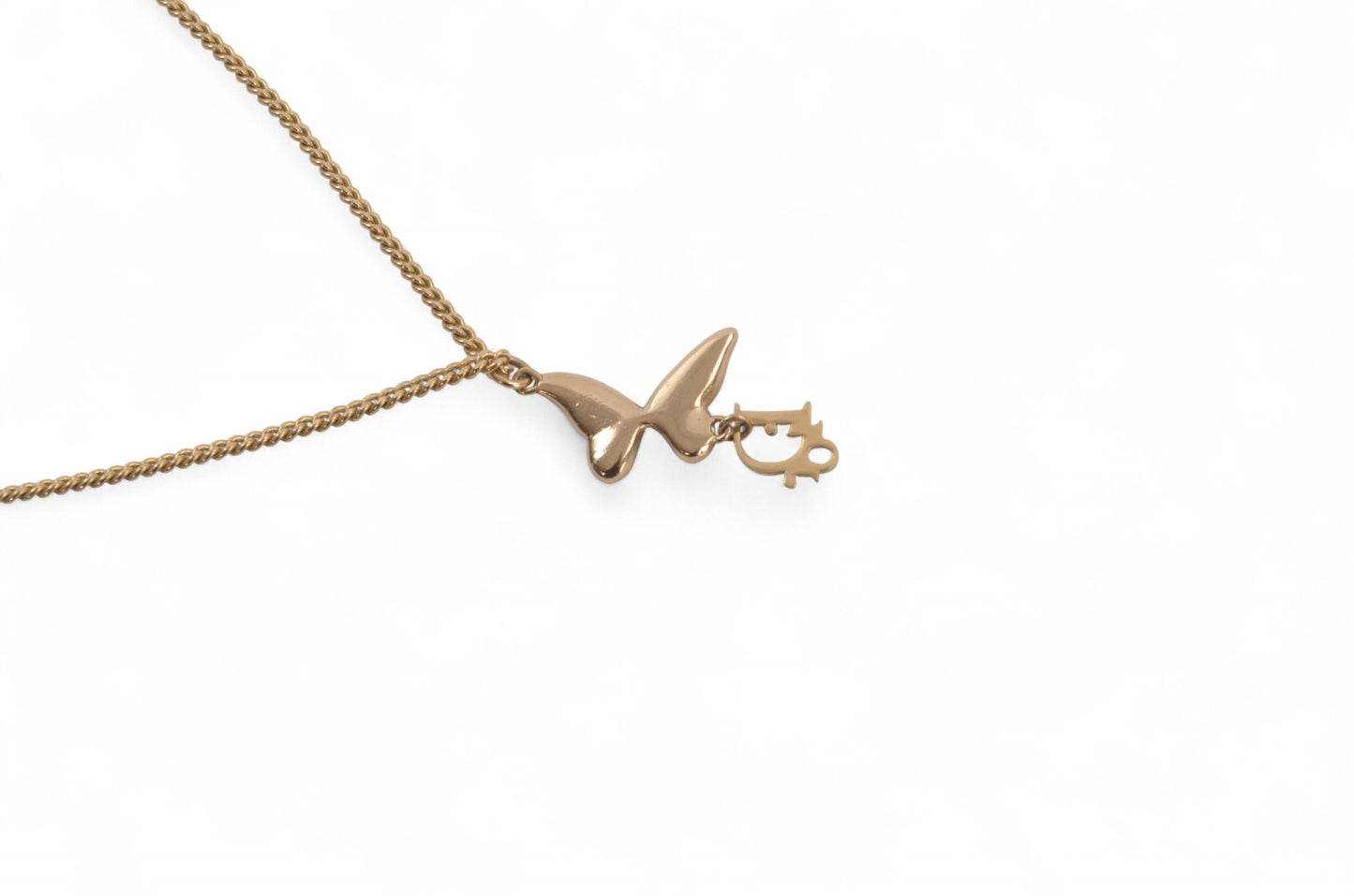 Christian Dior Crystal Oblique Butterfly Pendant Necklace Vintage Logo Gold Plated Designer Classic Jewelry Authentic