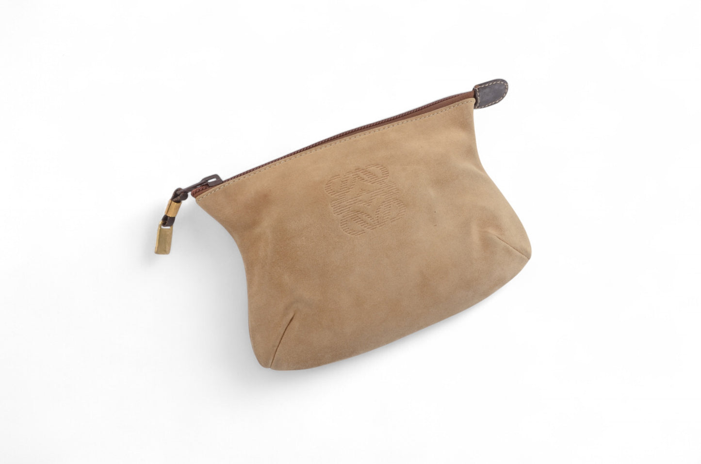 Loewe Anagram Nappa Suede Second Bag Toiletry Travel Makeup Cosmetic Bag Beige Pouch Multi-Case