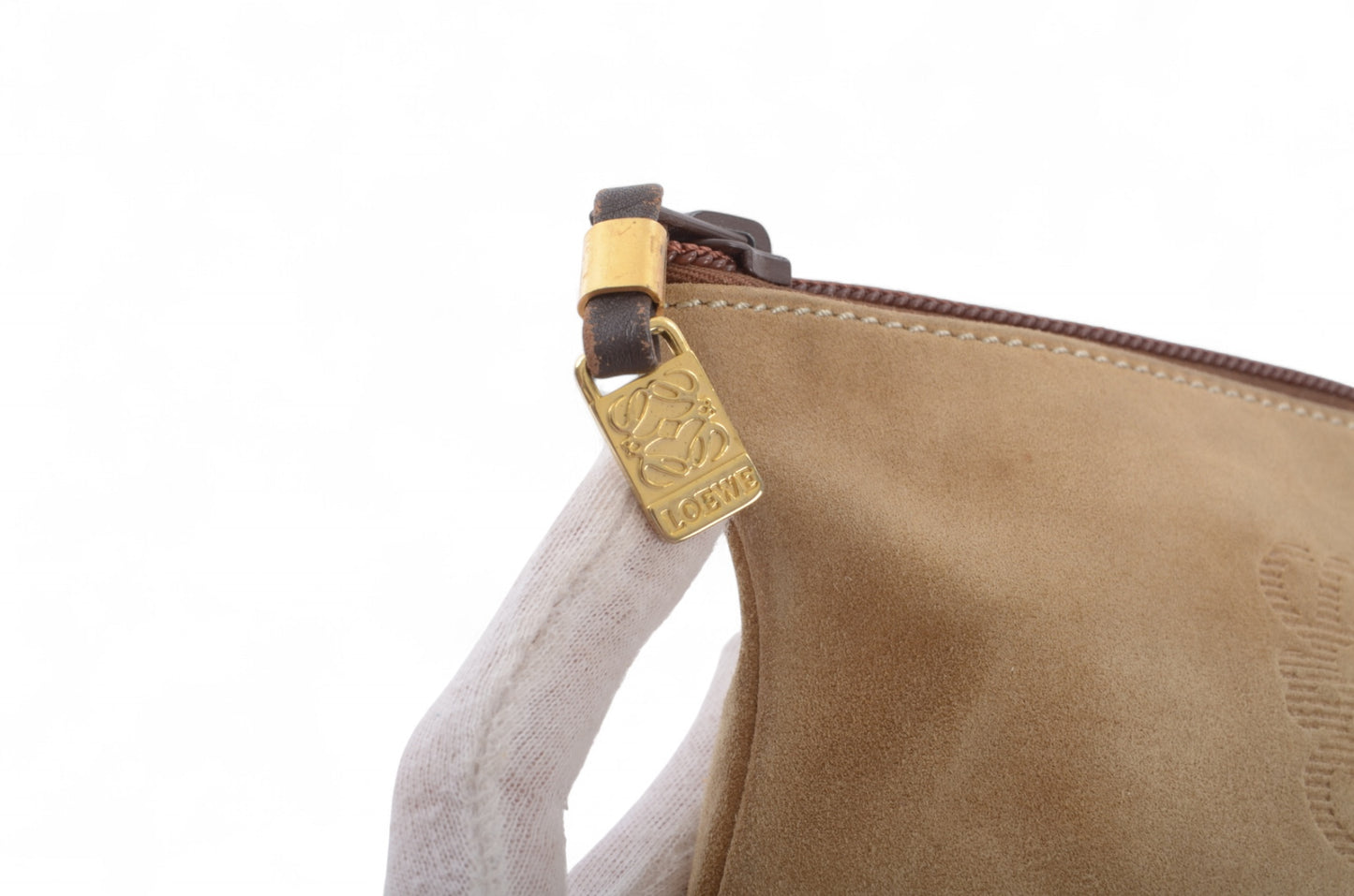 Loewe Anagram Nappa Suede Second Bag Toiletry Travel Makeup Cosmetic Bag Beige Pouch Multi-Case