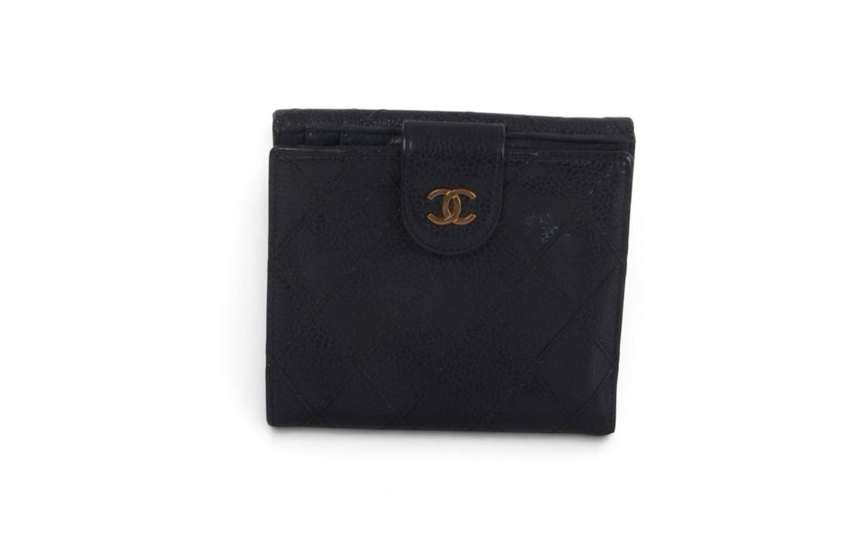 Chanel Wallet Vintage Black Caviar Leather Coco Bi-fold Coin Purse Designer Classic