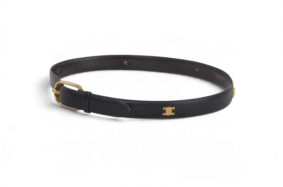 Celine Vintage Triomphe Belt Gold Buckle Black size 65 Leather Designer Classic Authentic