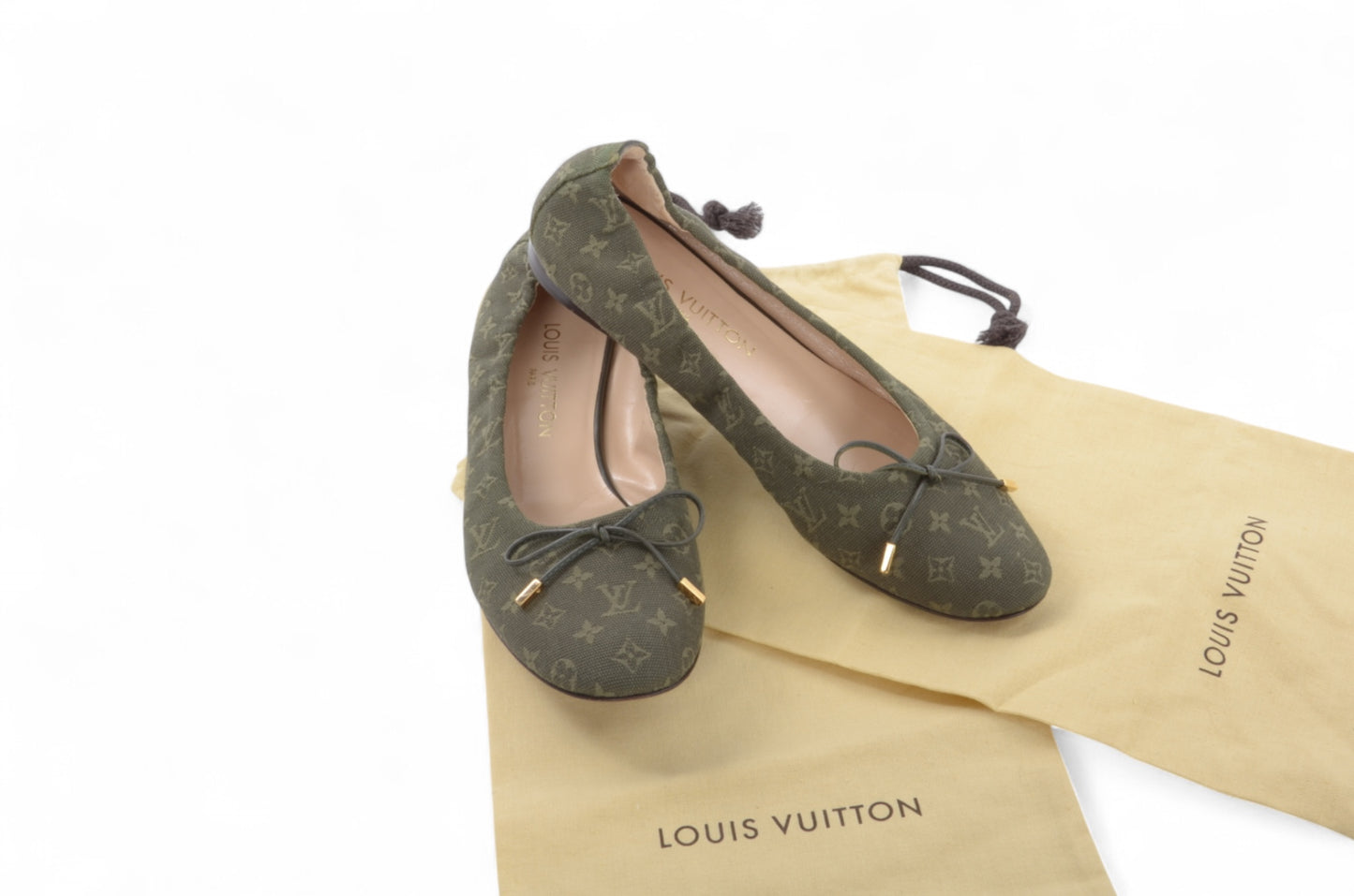Louis Vuitton Monogram Mini Flat Shoes Ballet Flats Green Khaki Canvas Leather Ballerina Size 37