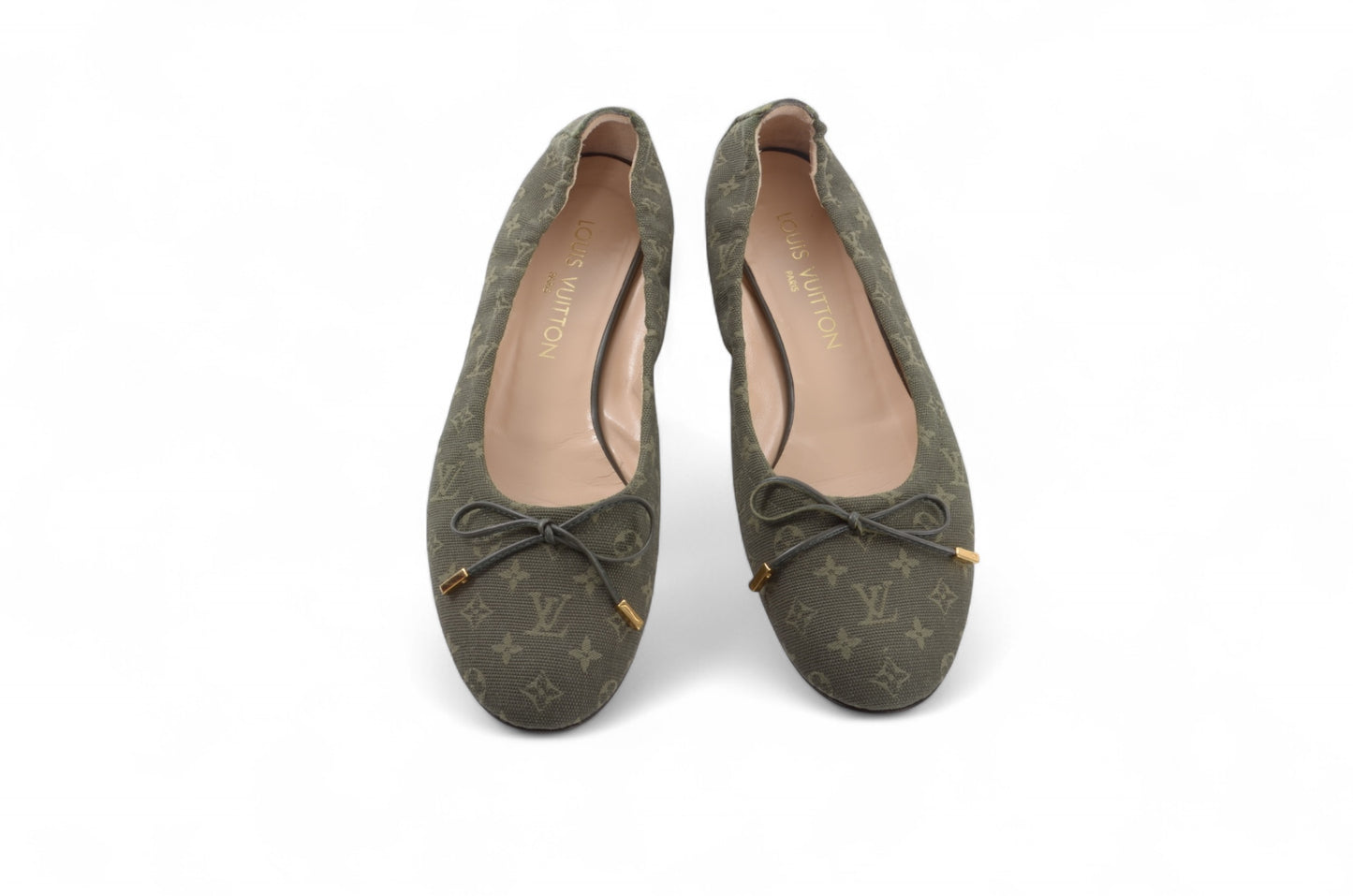 Louis Vuitton Monogram Mini Flat Shoes Ballet Flats Green Khaki Canvas Leather Ballerina Size 37