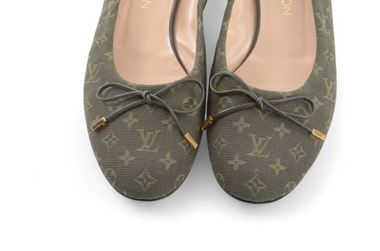 Louis Vuitton Monogram Mini Flat Shoes Ballet Flats Green Khaki Canvas Leather Ballerina Size 37