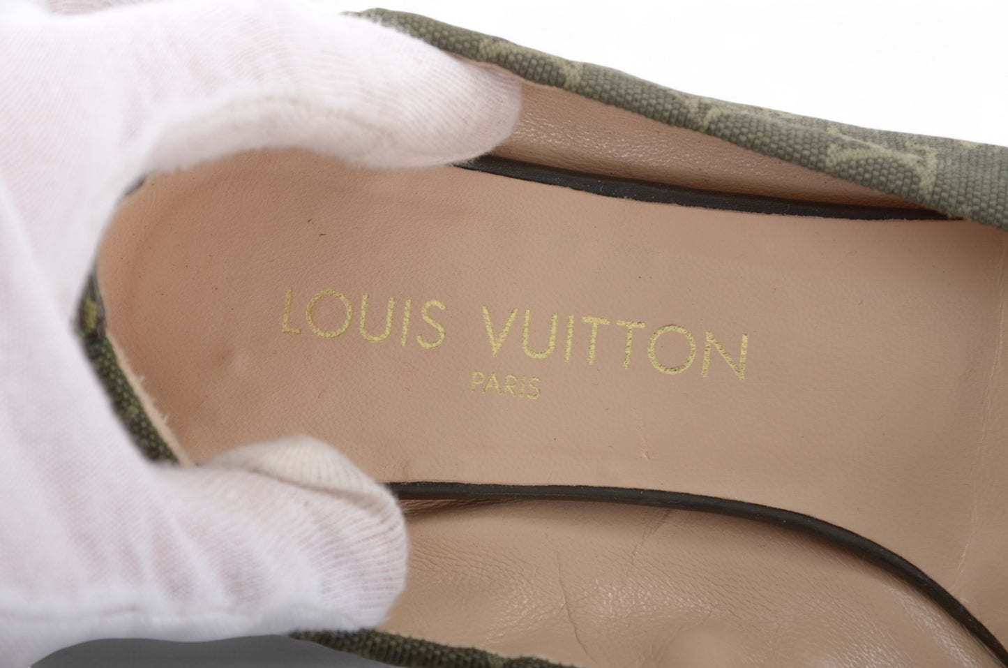 Louis Vuitton Monogram Mini Flat Shoes Ballet Flats Green Khaki Canvas Leather Ballerina Size 37
