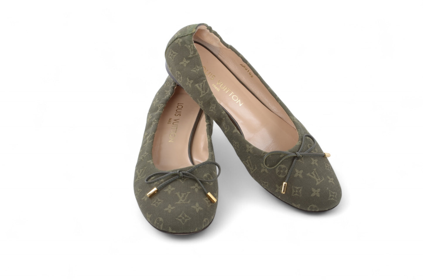 Louis Vuitton Monogram Mini Flat Shoes Ballet Flats Green Khaki Canvas Leather Ballerina Size 37