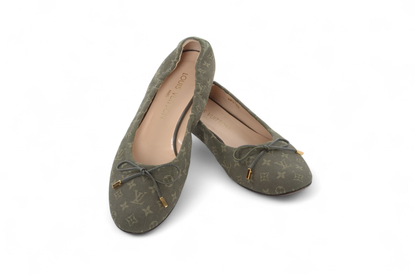 Louis Vuitton Monogram Mini Flat Shoes Ballet Flats Green Khaki Canvas Leather Ballerina Size 37