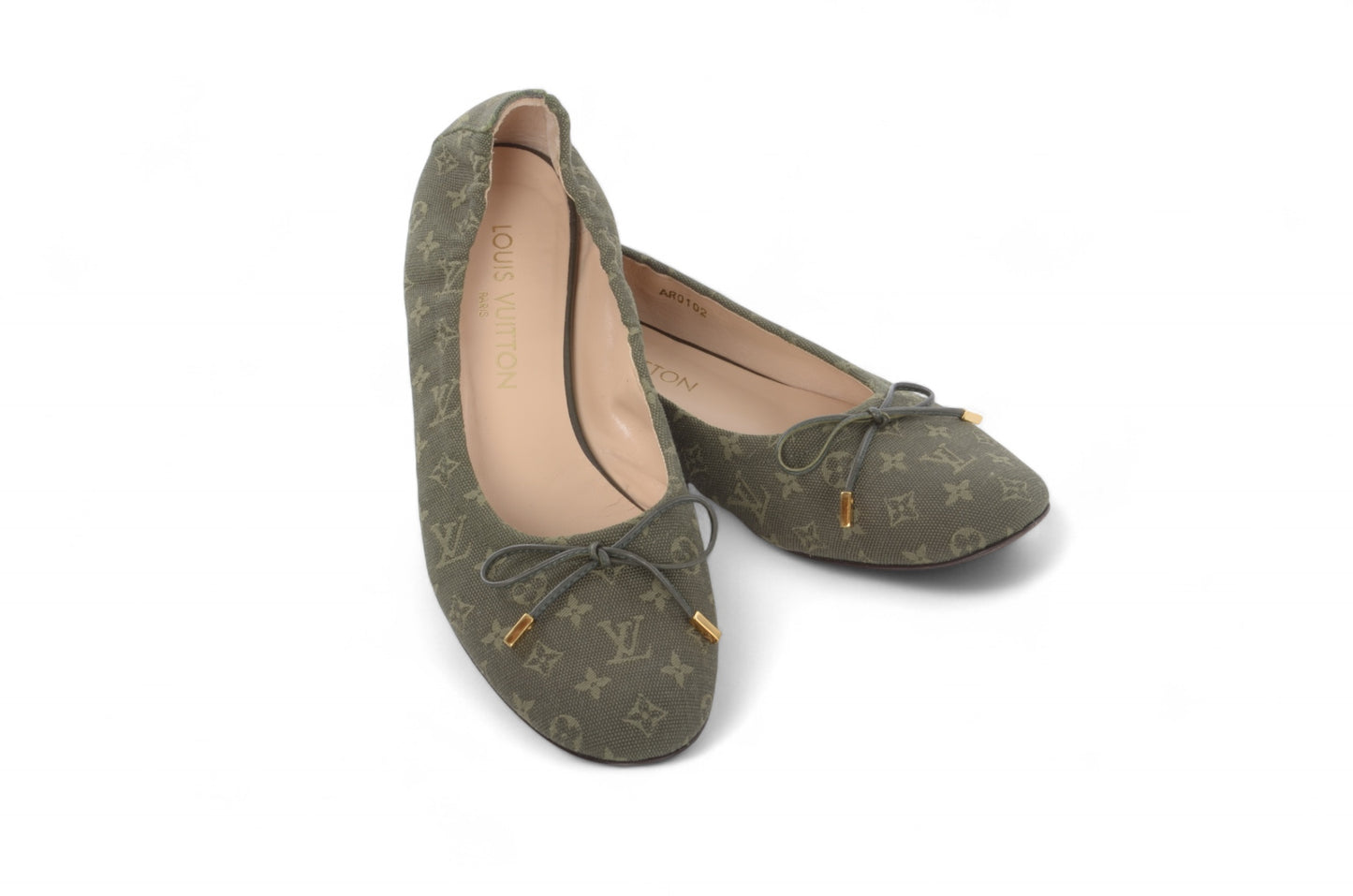 Louis Vuitton Monogram Mini Flat Shoes Ballet Flats Green Khaki Canvas Leather Ballerina Size 37