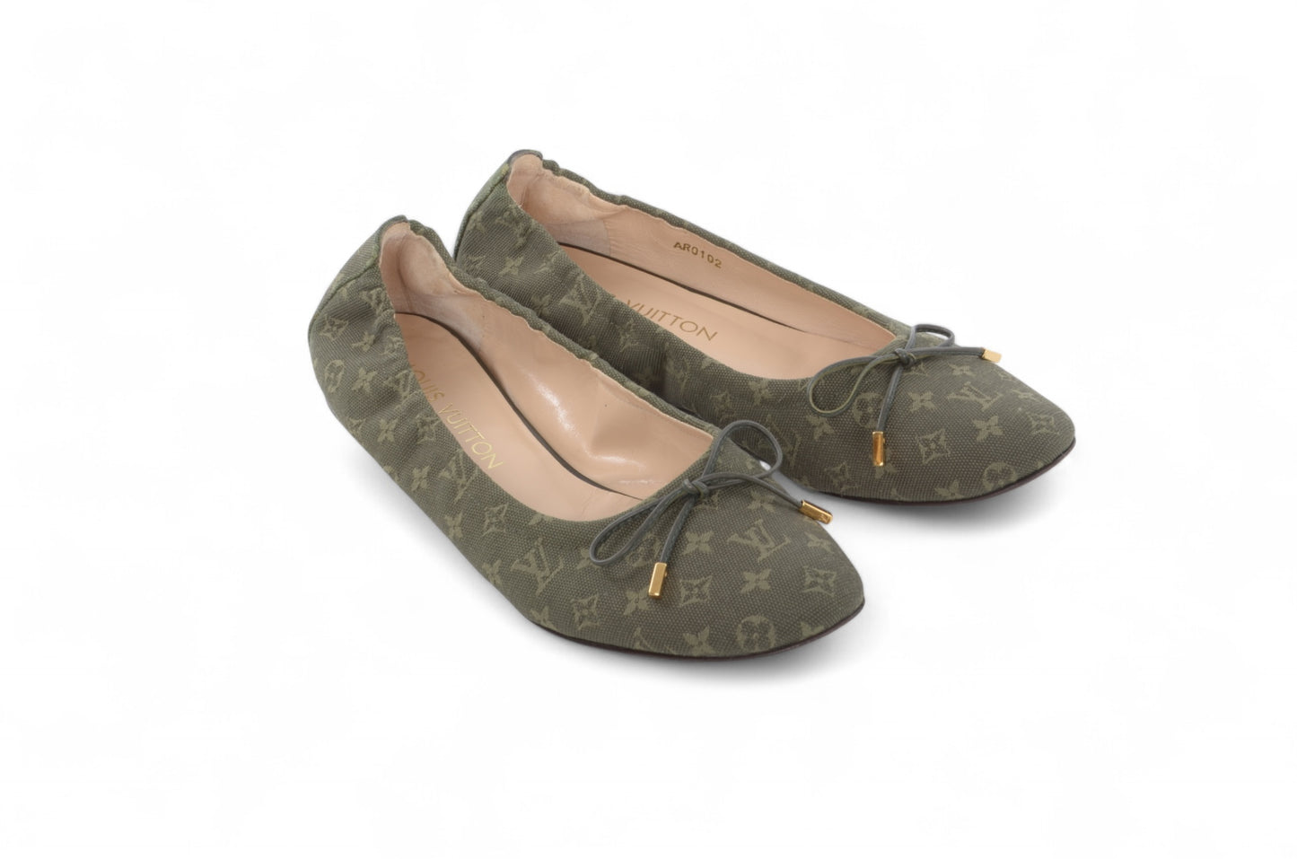 Louis Vuitton Monogram Mini Flat Shoes Ballet Flats Green Khaki Canvas Leather Ballerina Size 37