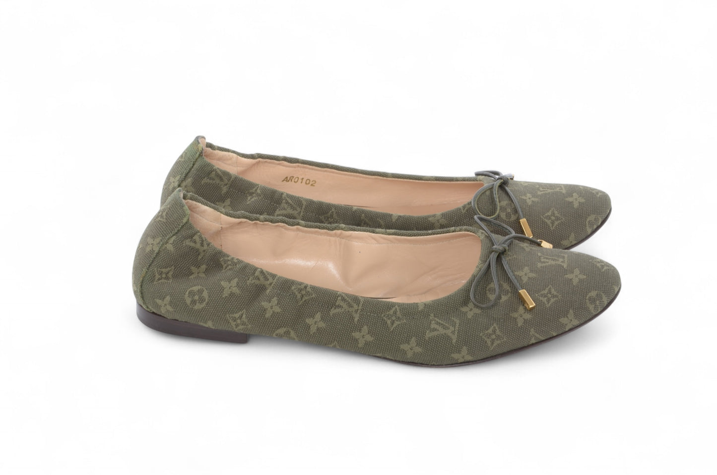 Louis Vuitton Monogram Mini Flat Shoes Ballet Flats Green Khaki Canvas Leather Ballerina Size 37