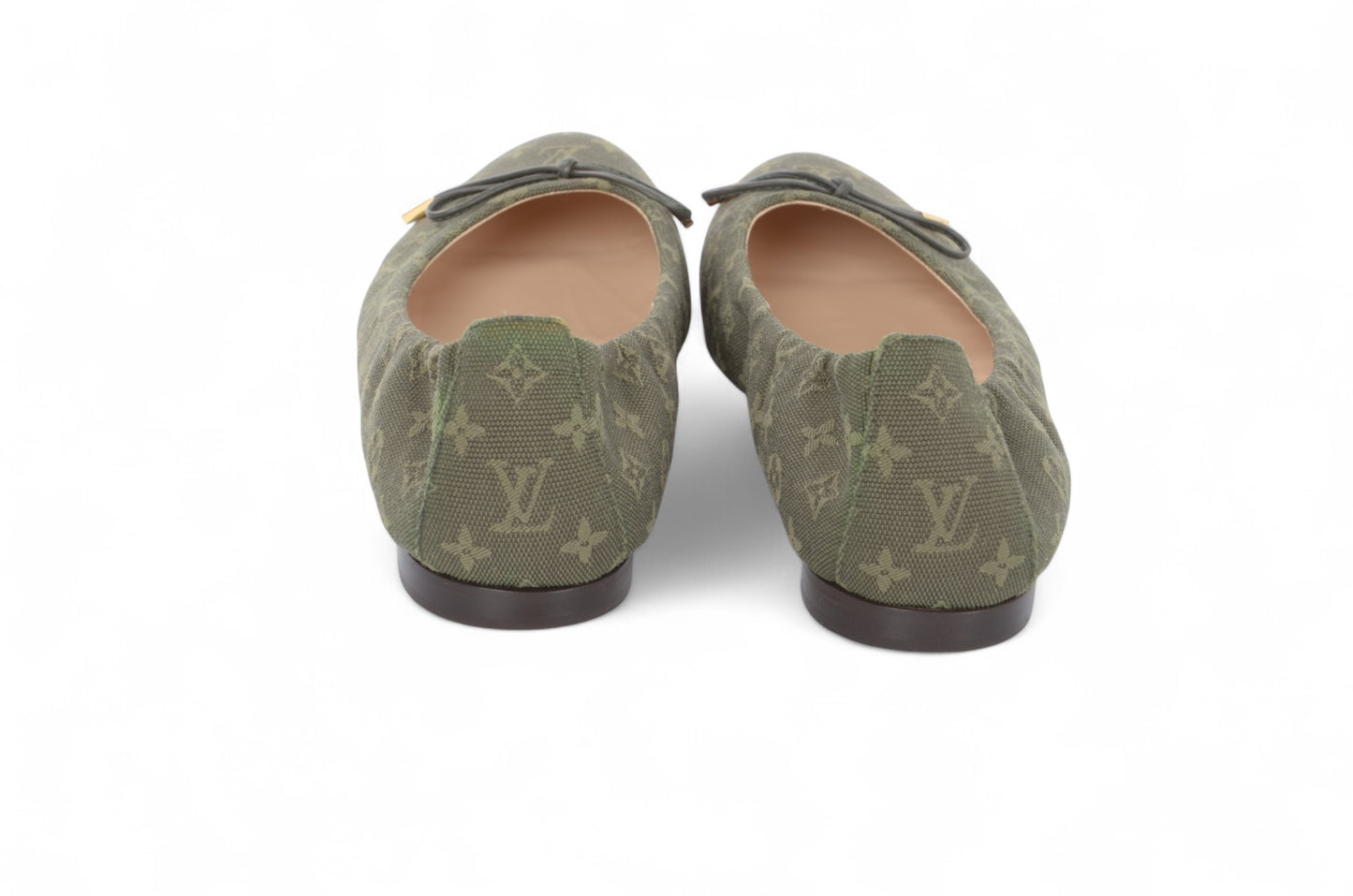 Louis Vuitton Monogram Mini Flat Shoes Ballet Flats Green Khaki Canvas Leather Ballerina Size 37